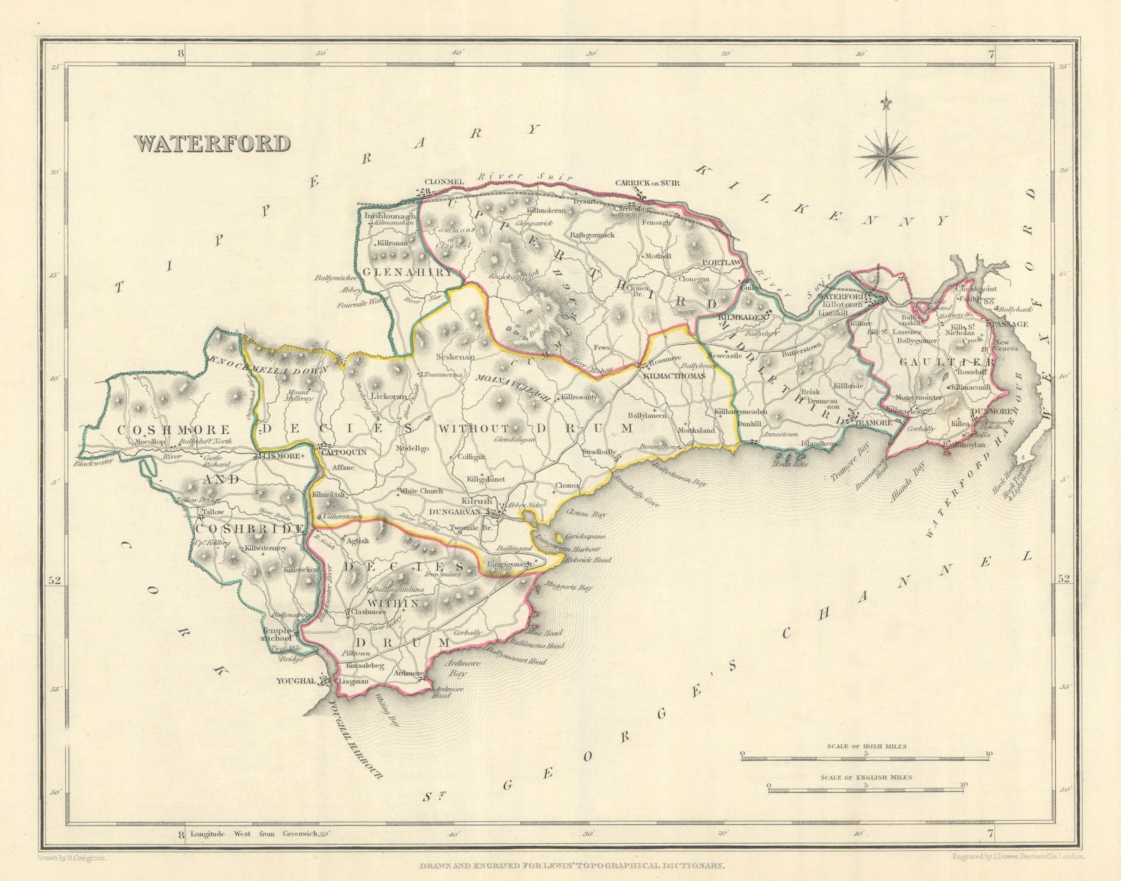 COUNTY WATERFORD antique map for LEWIS by CREIGHTON & DOWER. Ireland 1850